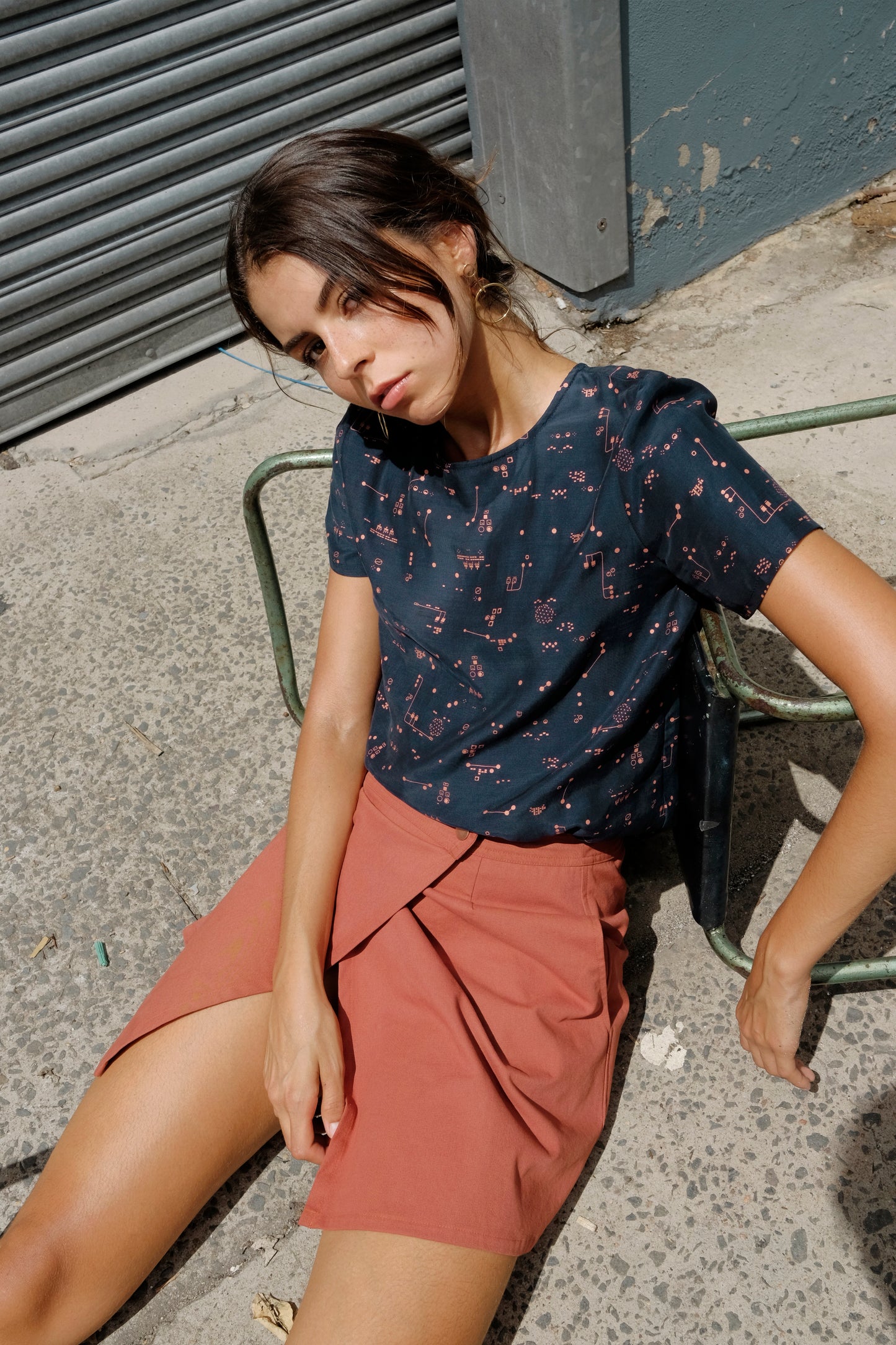 Short Sleeve Blouse - Control Panels - Copper on Navy
