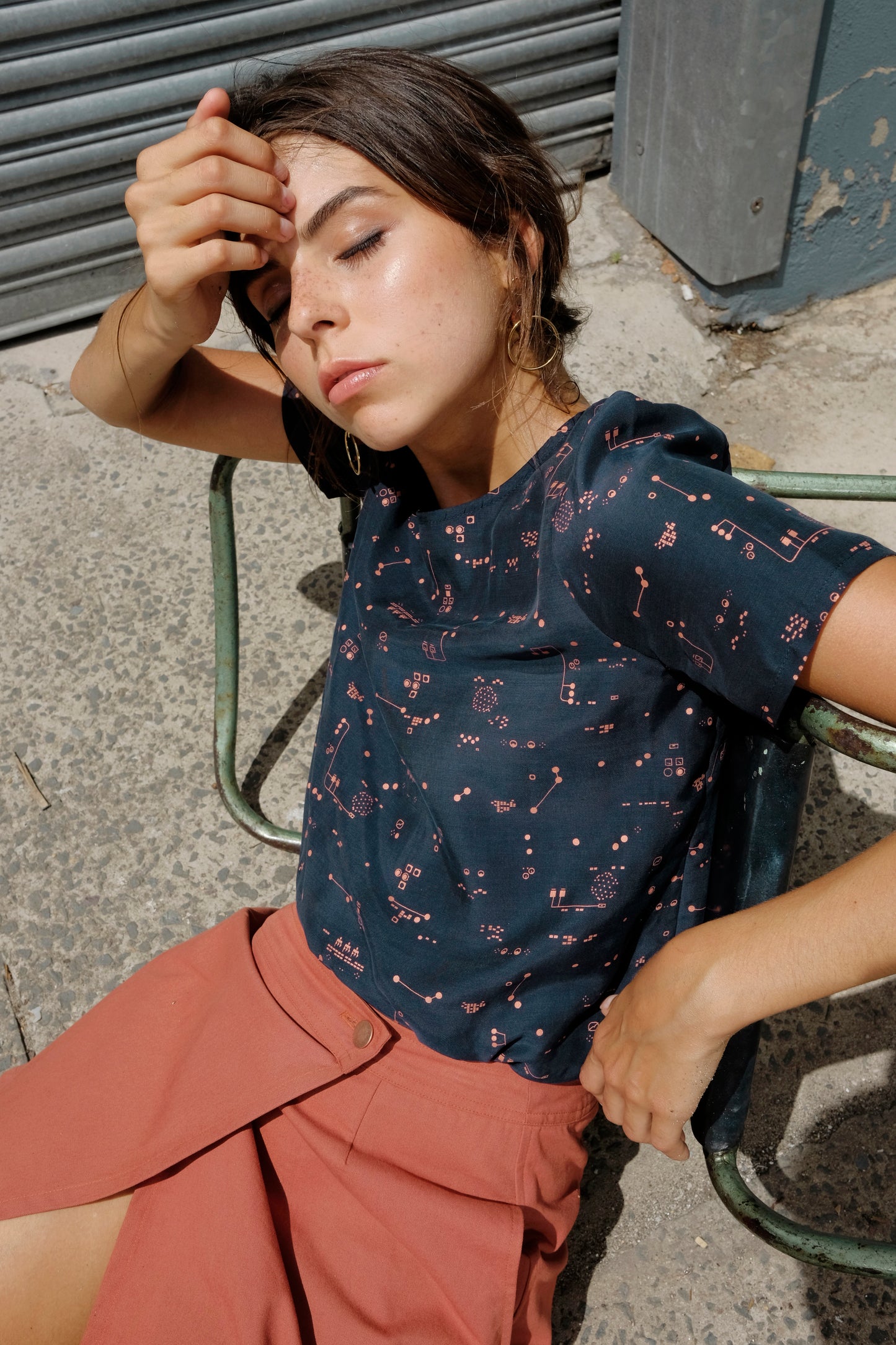 Short Sleeve Blouse - Control Panels - Copper on Navy