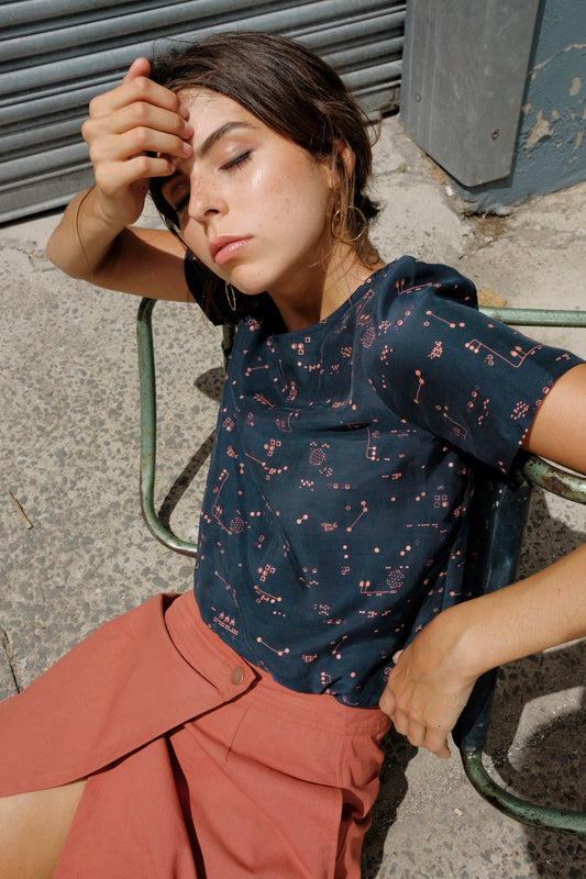 Short Sleeve Blouse - Control Panels - Copper on Navy