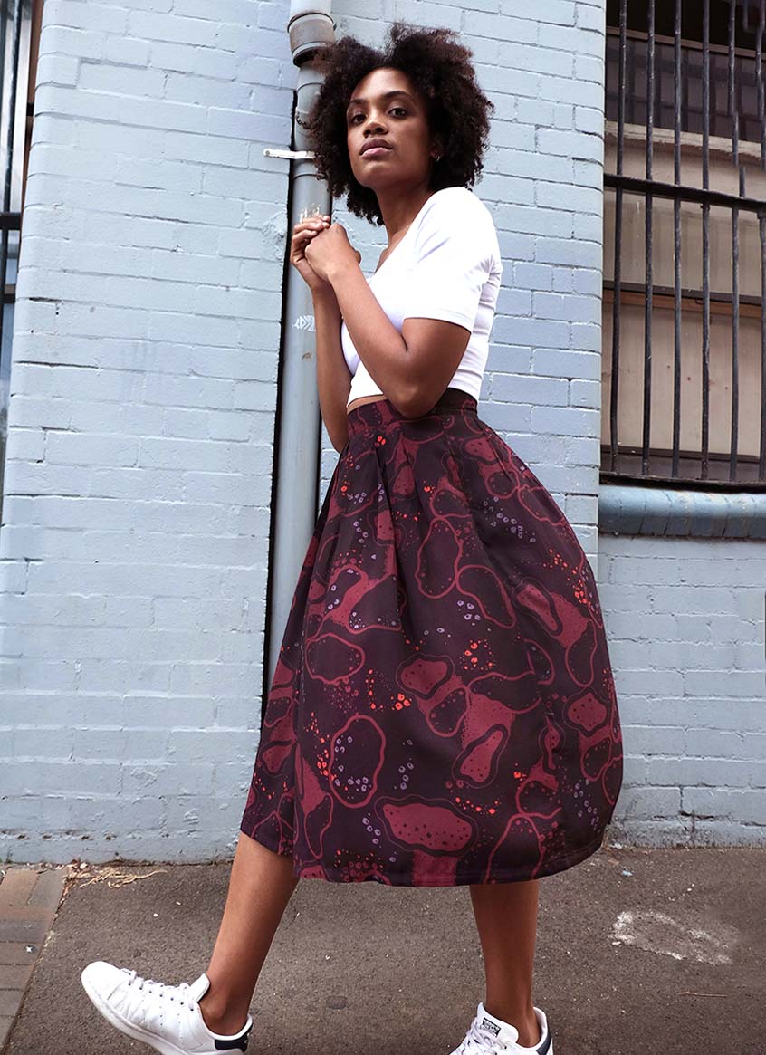 Midi Skirt – Islands in Space – Maroon